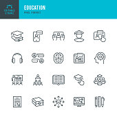 EDUCATION - thin line vector icon set. 20 linear icon. Pixel perfect. Editable outline stroke. The set contains icons: E-Learning, Education, Home Schooling, Classroom, Brain, Diploma, Social Distancing, Web Conference.