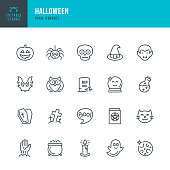 HALLOWEEN - thin line vector icon set. 20 linear icon. Pixel perfect. Editable outline stroke. The set contains icons: Halloween, Pumpkin, Vampire, Cemetery, Skull, Ghost, Potion, Spider, Zombie Hand.