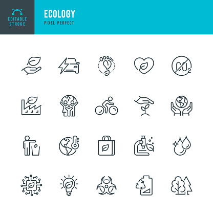 ECOLOGY - thin line vector icon set. 20 linear icon. Pixel perfect. Editable outline stroke. The set contains icons: Ecology, Climate Change, Environmental Conservation, Alternative Energy, Green Technology.