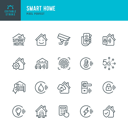 SMART HOME - thin line vector icon set. 20 linear icon. Pixel perfect. Editable outline stroke. The set contains icons: Smart Home, Ecosystem, Remote Control, Wireless Technology, Security System, Internet of Things, Keyless Access, Energy Efficient.