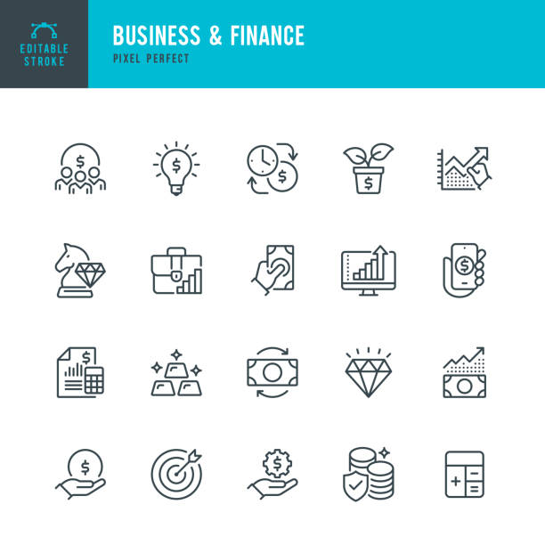 bisnis & keuangan - set ikon vektor garis tipis. piksel sempurna. stroke yang bisa diedit. set ini berisi ikon: investasi, pertumbuhan kekayaan, emas, strategi bisnis, target, asuransi kekayaan, berlian. - bisnis ilustrasi stok