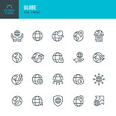 GLOBE - thin line vector icon set. 20 linear icon. Pixel perfect. Editable outline stroke. The set contains icons: Planet Earth, Globe, Global Business, Climate Change, Delivering, Travel, Environmental Conservation, Shipping.