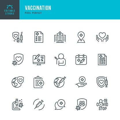 VACCINATION - thin line vector icon set. 20 linear icon. Pixel perfect. Editable outline stroke. The set contains icons: Stop COVID-19, Vaccination, Collective Immunity, Medical Research, Vaccination Certificate.