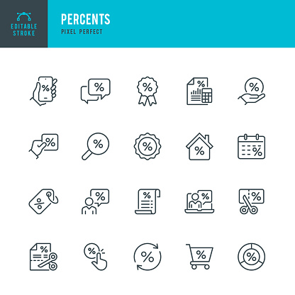 PERCENTS - thin line vector icon set. 20 linear icon. Pixel perfect. Editable outline stroke. The set contains icons: Discount Shopping, Coupon, Searching Discounts, Tax Refund, Accountancy, Mortgage, Loan.