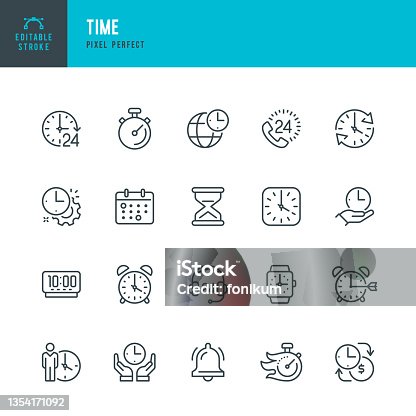istock TIME - thin line vector icon set. Pixel perfect. Editable stroke. The set contains icons: Time, Clock, Alarm Clock, Hourglass, Stopwatch, Timer, Smart Watch, Time Zone. 1354171092