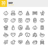 BABY - thin line vector icon set. 30 linear icon. Pixel perfect. The set contains icons: Baby Boys, Baby Girls, Family, Newborn, Baby Bathtub, Baby Bottle, Baby Food, Baby Stroller, Crib, Teddy Bear, Birthday Cake, Rubber Duck.