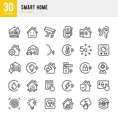SMART HOME - thin line vector icon set. 30 linear icon. Pixel perfect. The set contains icons: Smart Home, Voice Control, Autonomous Technology, Virtual Assistant, Climate Control, Biometric System, IOT, Remote Control.