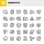 COMMUNICATION - thin line vector icon set. 30 linear icon. Pixel perfect. The set contains icons: Speech Bubble, Communication, Application Form, Contact Us, Blogging, E-Mail, Telephone, Community.