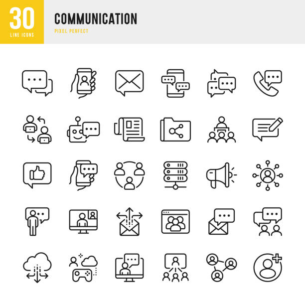COMMUNICATION - thin line vector icon set. Pixel perfect. The set contains icons: Speech Bubble, Communication, Application Form, Contact Us, Blogging, E-Mail, Telephone, Community. COMMUNICATION - thin line vector icon set. 30 linear icon. Pixel perfect. The set contains icons: Speech Bubble, Communication, Application Form, Contact Us, Blogging, E-Mail, Telephone, Community. social media icon stock illustrations