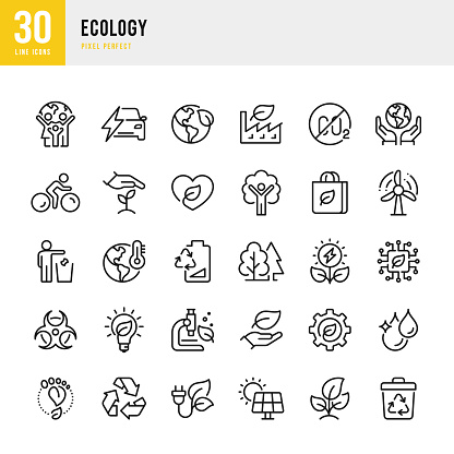 ECOLOGY - thin line vector icon set. 30 linear icon. Pixel perfect. The set contains icons: Climate Change, Alternative Energy, Electric Vehicle, Green Technology, Zero Waste, Carbon Dioxide, Solar Energy, Wind Power.
