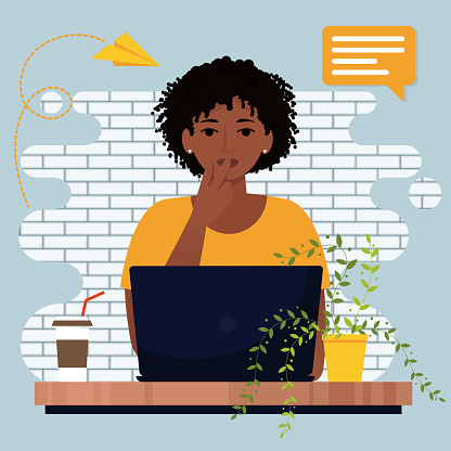 Thinking african woman working with laptop. Cute vector illustration in flat style