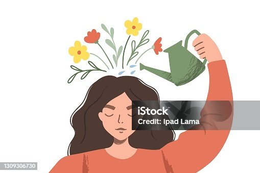 istock Thinking positve as a mindset. Woman watering plants that symbolize happy thoughts. Flat vector illustration 1309306730