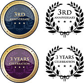 Third anniversary celebration gold medals and black laurel wreath icons collection.