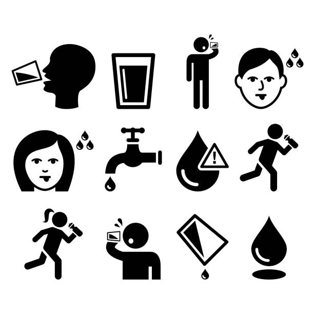 illustrazioni stock, clip art, cartoni animati e icone di tendenza di uomo assetato, bocca secca, sete, persone icone dell'acqua potabile set - bere acqua