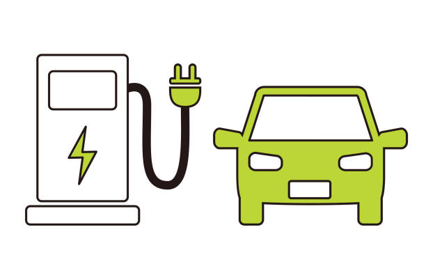 この図は、電気自動車と充電ステーションを描いています。 - 脱炭素点のイラスト素材／クリップアート素材／マンガ素材／アイコン素材