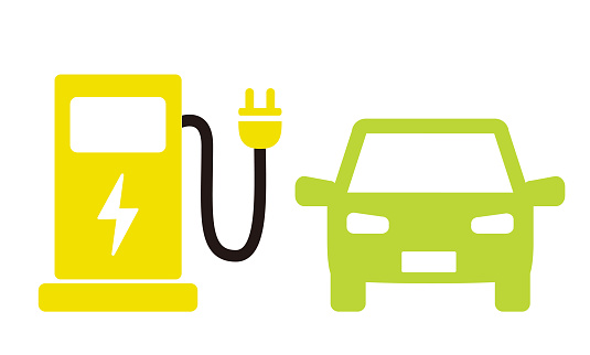 This illustration depicts an electric car and a charging station.