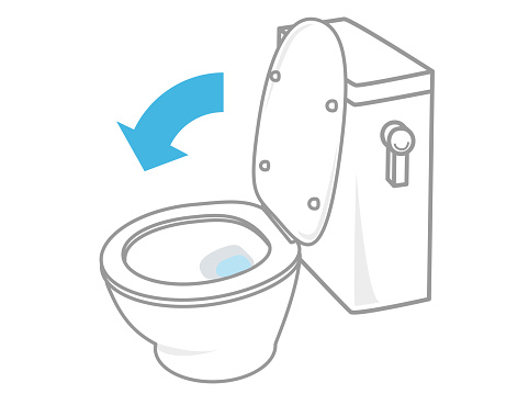 This illustration encourages people to close the lid of the toilet and flush (infection control).