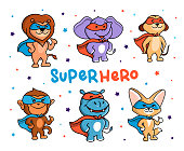 This is a set of Animals who are Super Heroes. Six Jungle cartoon characters with masks and cloaks. Can be used for t-shirt design, kid prints, posters, ads, etc. Vector illustration