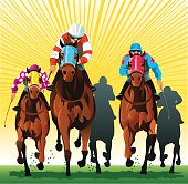 Front view illustration of group of horses and riders racing at the main event. All images are placed on seperate layers for easy editing. High resolution JPG and Illustrator 0.8 EPS included.