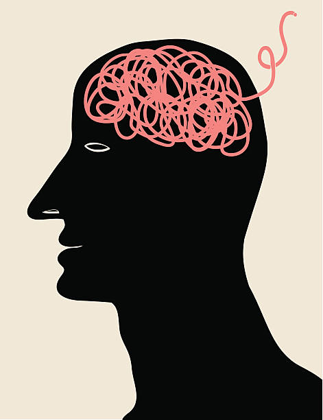 thread inside head man with thread tangle within its head maze silhouettes stock illustrations