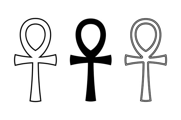 Three ankh symbols, key of life, cross with handle, hieroglyphic symbol vector art illustration