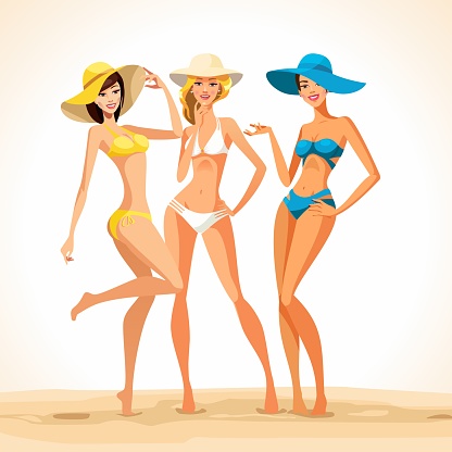 Three attractive tourist girls in hats at the beach. Modern women's bikinis.
