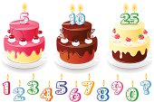 Illustration of three beautiful birthday cakes with candles.