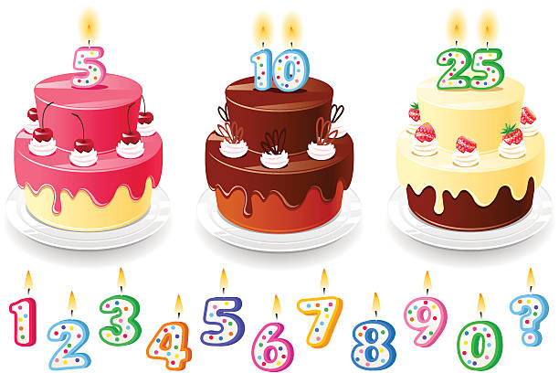 Three birthday cakes Illustration of three beautiful birthday cakes with candles. birthday cake stock illustrations