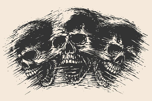 Three black and white skulls with open mouths. Monochrome hand drawn retro graphic art in stamped ink style. T-shirt print design for Halloween with a mystical necromancy theme.