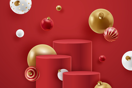 Three blank red podiums stage with christmas balls. Christmas theme decoration. Realistic new year 3D trending background. Holiday mockup