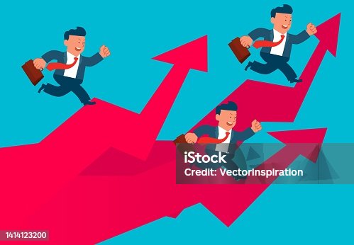 istock Three businessmen running all the way on three rising arrows, business or career development process and achievement 1414123200