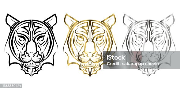 istock Three color black gold and silver line art of tiger head Good use for symbol mascot icon avatar tattoo T Shirt design logo or any design 1365830424