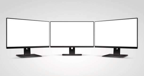 stockillustraties, clipart, cartoons en iconen met drie computer monitors mockup met witte leeg scherm - computermonitor