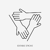 Three connected hands. Editable Stroke