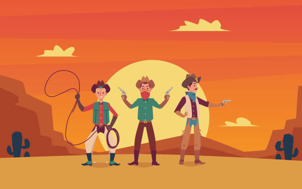 bildbanksillustrationer, clip art samt tecknat material och ikoner med tre cowboys seriefigurer på wild west sunset liggande bakgrund. - western horse pattern