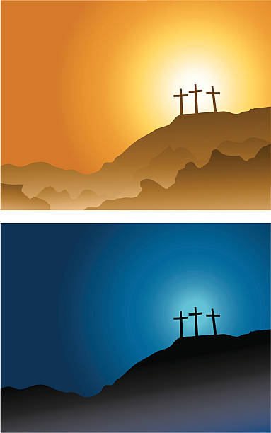 three crosses on the hill... it's the crucifixion of our dear lord...sunset and night time scene. lent stock illustrations