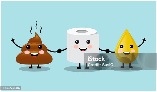 istock three cute friends turd, a drop of urine and toilet paper 1306274586
