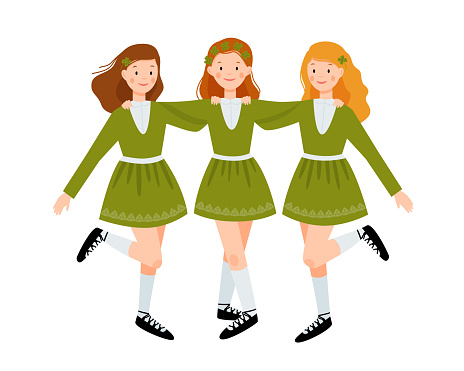 Three cute girls in green dresses are dancing together. Irish dancers isolated on a white background. Vector flat illustration.