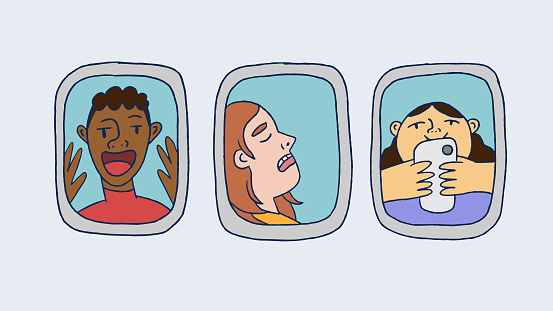 Three Diverse People Look Out Airplane Window