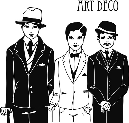Three doodle men in art deco style.