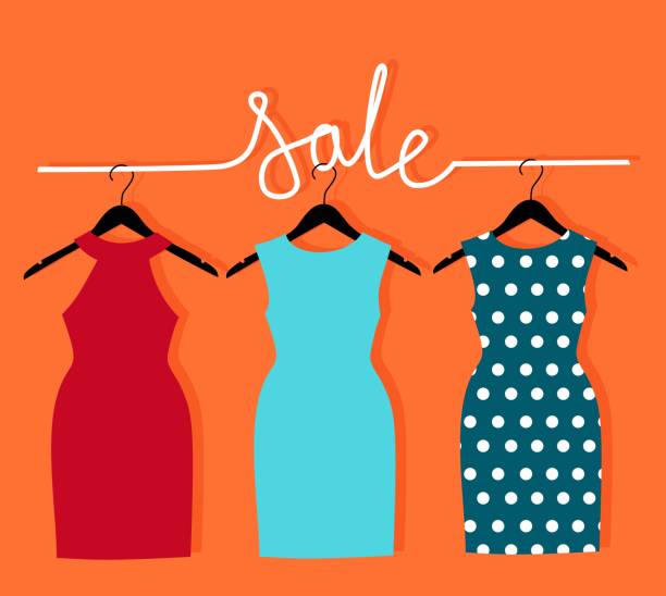 three dresses on a hanger and an inscription sale. three dresses on a hanger and an inscription sale. Vector illustration with sale of clothes for woman dress stock illustrations