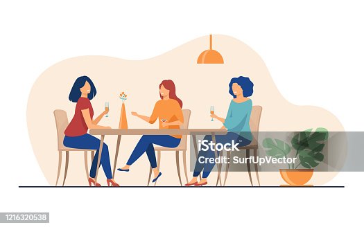 istock Three female friends sitting in cafe at lunch and talking 1216320538