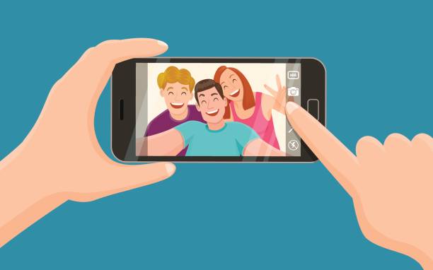 illustrations, cliparts, dessins animés et icônes de trois amis prenant un selfie - selfie