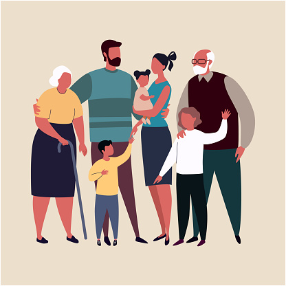 Three generations of a family together. Vector illustration in flat cartoon style.