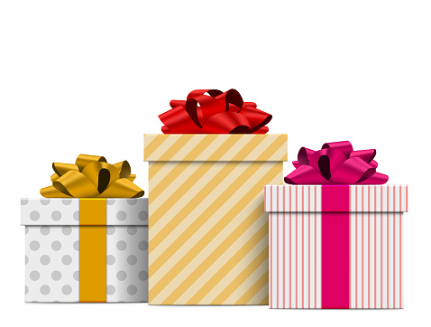 Three gifts with yellow, red, pink bows. Vector illustration.