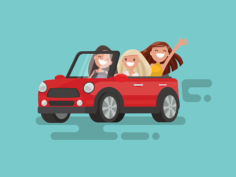 Three girlfriends are riding to a gig. Vector illustration