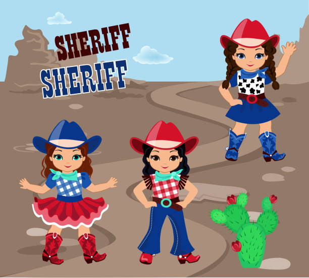 bildbanksillustrationer, clip art samt tecknat material och ikoner med tre flickor cowboy på bakgrunden av steniga öknen. - desert cowgirl