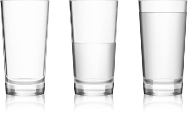 three glasses Realistic full half-full and empty glass with mineral water isolated on white background vector illustration drinking glass stock illustrations