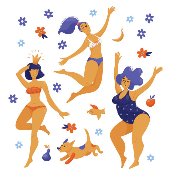 Three happy dancing pody positive women, girls Three happy women dancing in bikini, swimming suits, flat vector illustration isolated on white background. Body positive, girl power banner, poster design - three various happy dancing women, girls cartoon of fat lady in swimsuit stock illustrations