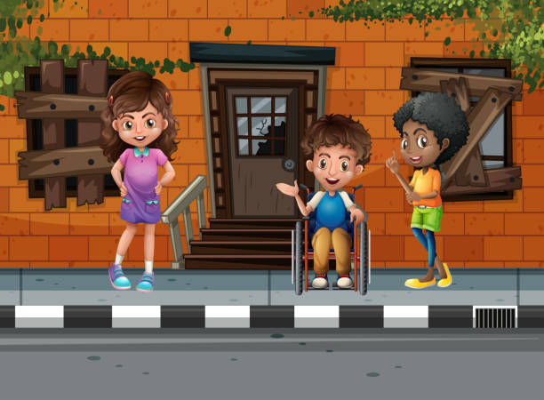 ilustrações de stock, clip art, desenhos animados e ícones de three kids hanging out on the street - wheelchair street happy